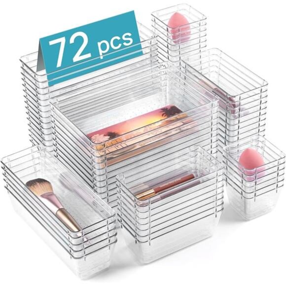 Clear drawer organizers set plastic storage bins bathroom kitchen makeup office - Picture 1 of 7